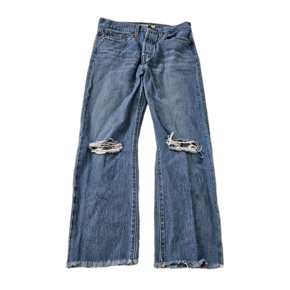 Levis Jeans Womens 27 Blue Wedgie Straight Distressed Raw Hem Button Fly Crop
